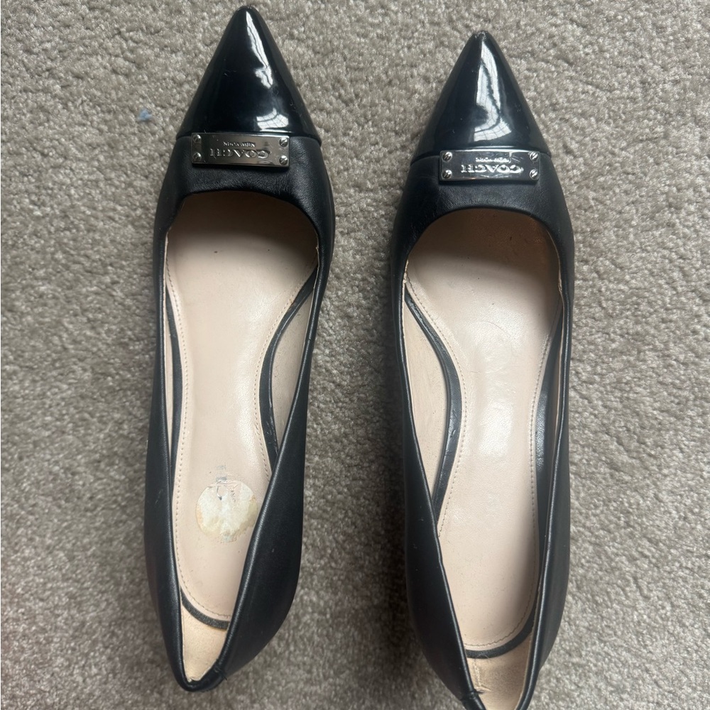 Coach Black Pointed Patent Toe Pumps with Logo Plate